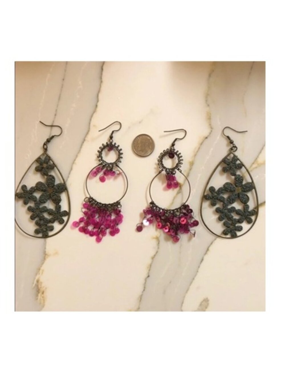 Pink Sequin Chandelier Earrings Antique Bronze Hoop Dangle Boho
